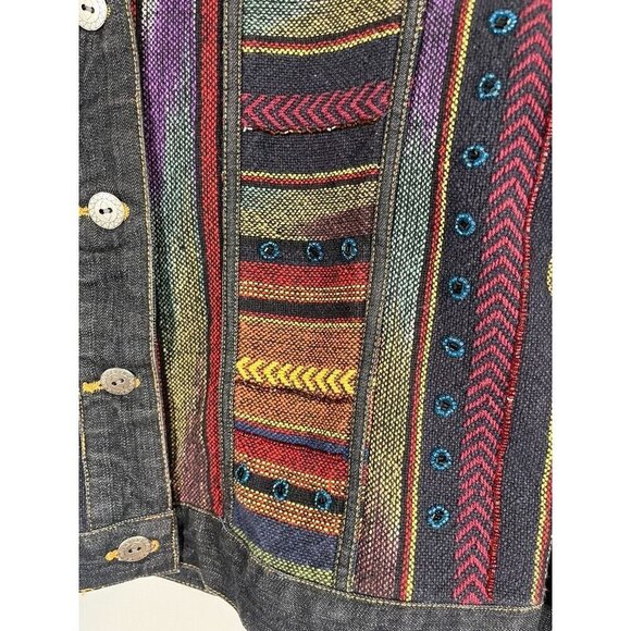 Chicos Denim Jacket M Gray Striped Embroidery Western Aztec Boho Retro 80s Chic - Picture 5 of 16